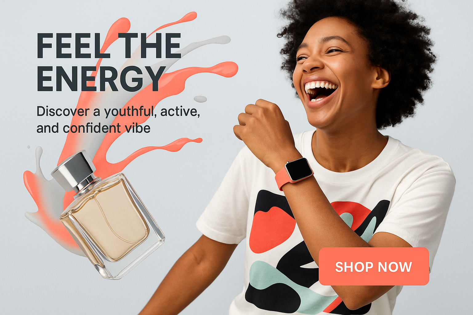A dynamic, asymmetrical composition on a #E2E8F0 (Light Gray) background. A model is laughing, wearing a bold graphic t-shirt, with their wrist showing a smartwatch in #FF6B6B (Vibrant Coral). In the foreground, a perfume bottle is tilted as if in motion, with a splash of "scent" visualized as an abstract coral and light gray shape. The typography is bold and modern, using #2D3748 (Charcoal) for headlines and #FF6B6B (Coral) for the call-to-action button.

Vibe: Youthful, active, and confident.